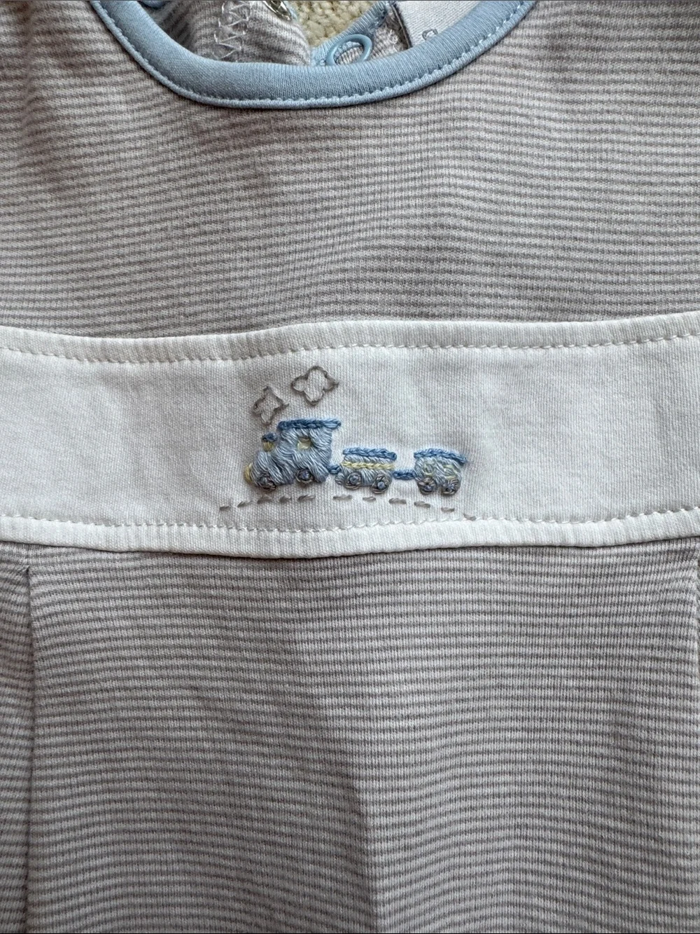 Squiggles by Charlie Cotton One-Piece Romper with Train Embroidery